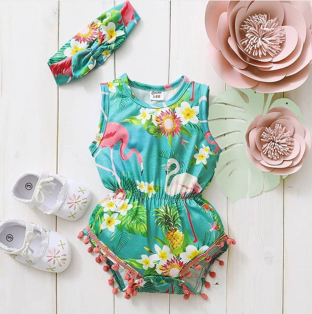 2-Piece Baby Flamingo Print Sleeveless Tassel Romper and Headband Set
