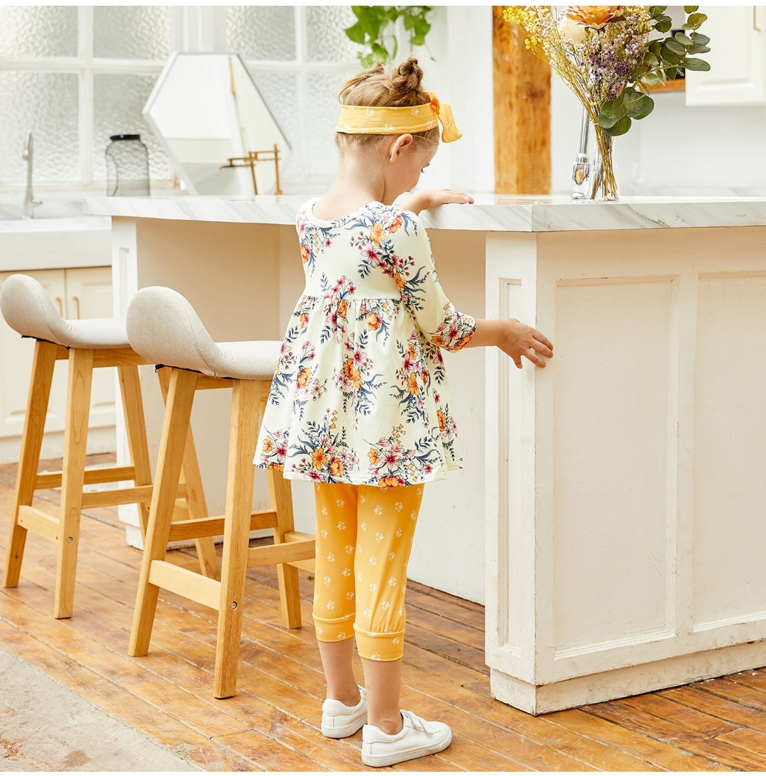 3-piece Baby Pretty Floral Dress Top and Polka Dots Pants with Headband Set
