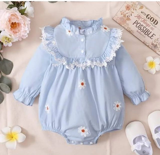 100% Cotton Floral Embroidered Blue Baby Ruffle Long-sleeve Romper