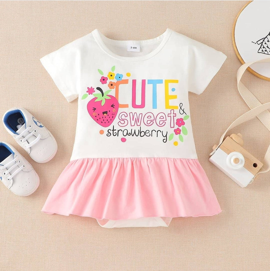 Baby Strawberry and Letter Print Short-sleeve Dress Romper