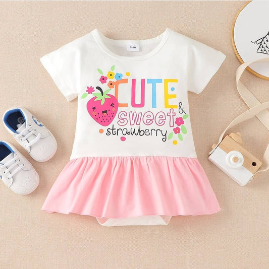Baby Strawberry and Letter Print Short-sleeve Dress Romper